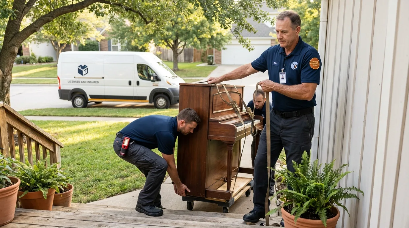 Licensed piano movers securing grand piano in Winnetka, IL